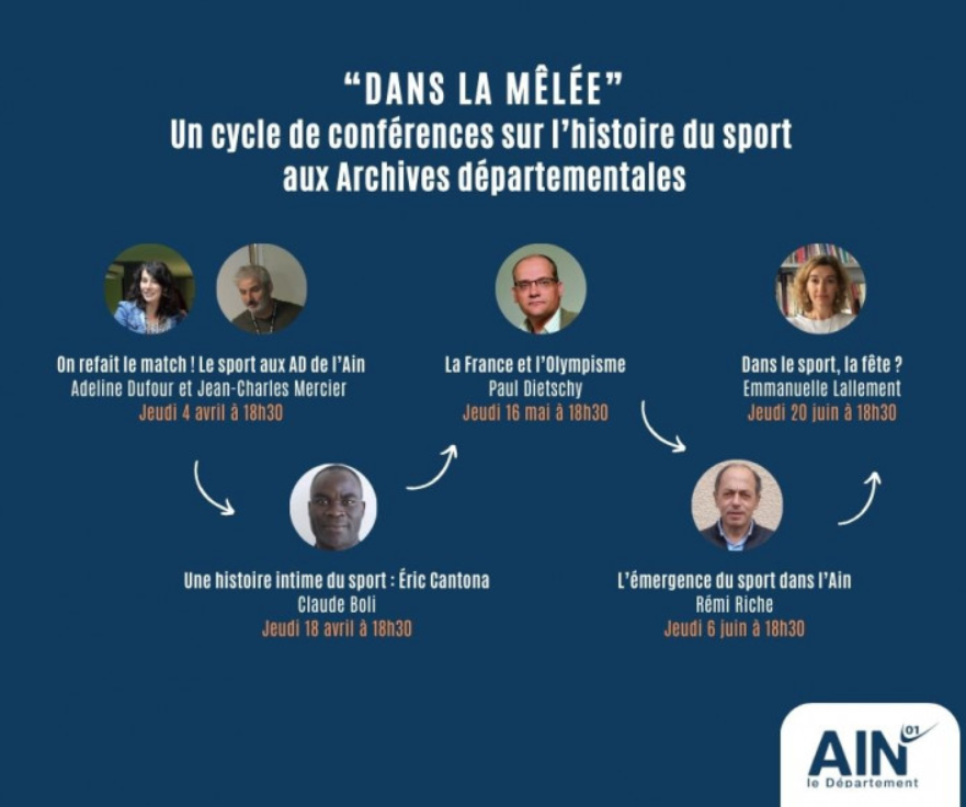🏈⚽️Dans le cadre de l’année olympique, Rdv le 20/06 aux <a href="/ArchivesAin01/">Archives départementales de l'Ain</a>✅Conférence « Dans le sport, la fête ? Regard anthropologique sur les rassemblements contemporains" par Emmanuelle Lallement, professeure à l'Institut d’Études européennes de Paris 8➡️tinyurl.com/3233hkb2