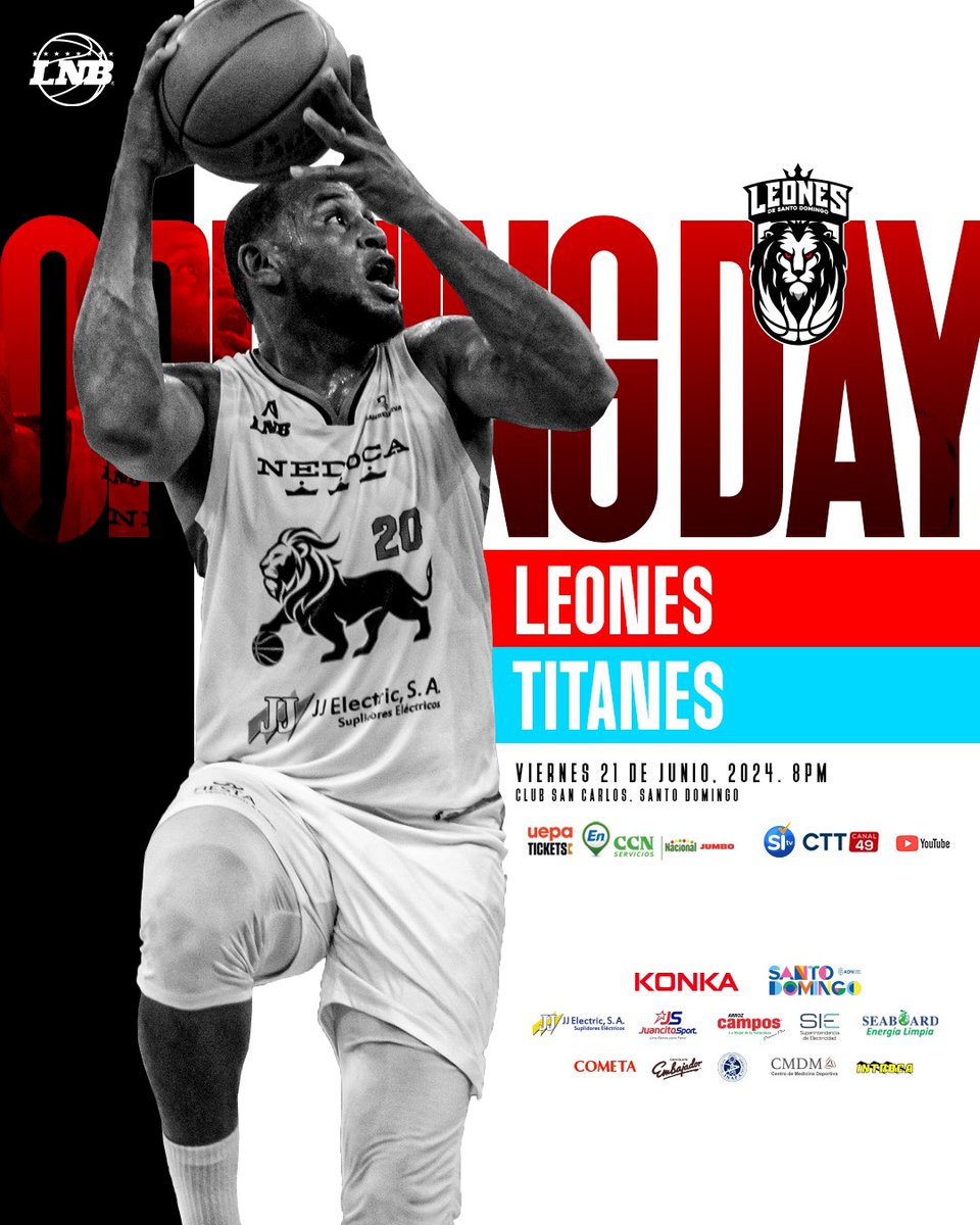 ¡Santo Domingoooooo! ya estamos en modo Opening Day con nuestro primer partido en casa.

📆 Viernes 21 de Julio, 2024
⏰ 8 PM
🏟️ Club San Carlos
Vs Titanes de…. ⚔️

Adquiere tus boletas en los puntos Uepa tickets, en línea o en la cancha el día del partido.

#lnb #sienteelrojo