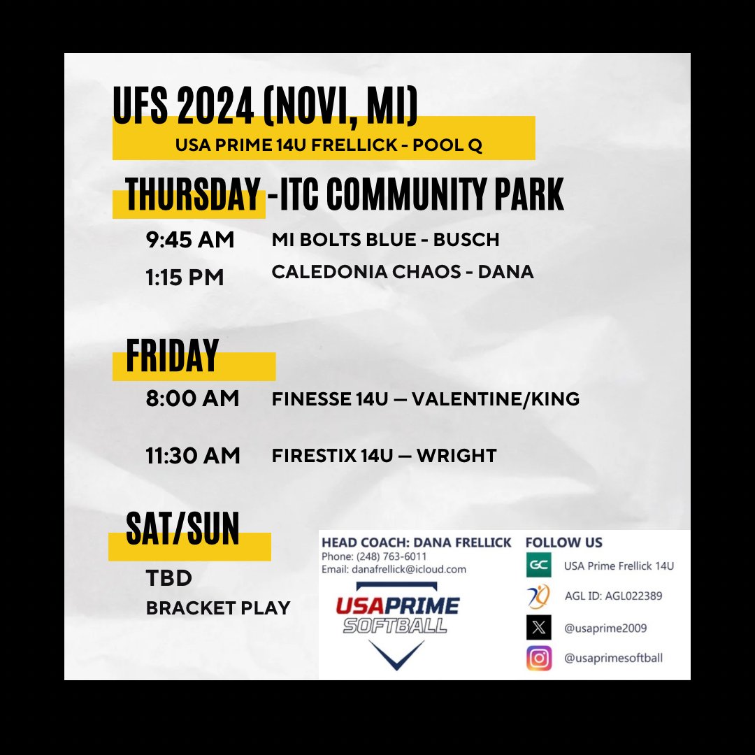 USA PRIME 14U FRELLICK stays local this week heading to Novi, MI for the UFS tournament and showcase. 

Catch us on GC as we make another run for the winners circle.