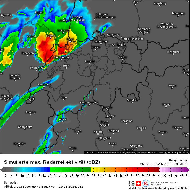 SturmarchivCH's tweet photo. Das #SuperHD von @Kachelmannwetter rechnet praktisch als einziges Modell eine oder zwei starke #Superzellen, welche heute am späteren Abend von #Frankreich her kommend auf direktem Ostkurs über die Nordschweiz ziehen soll(en). ⚠️⚠️
#Hagel #Unwetter #Sturm
https://t.co/t4lnVaameB https://t.co/2ec8I8e0cp