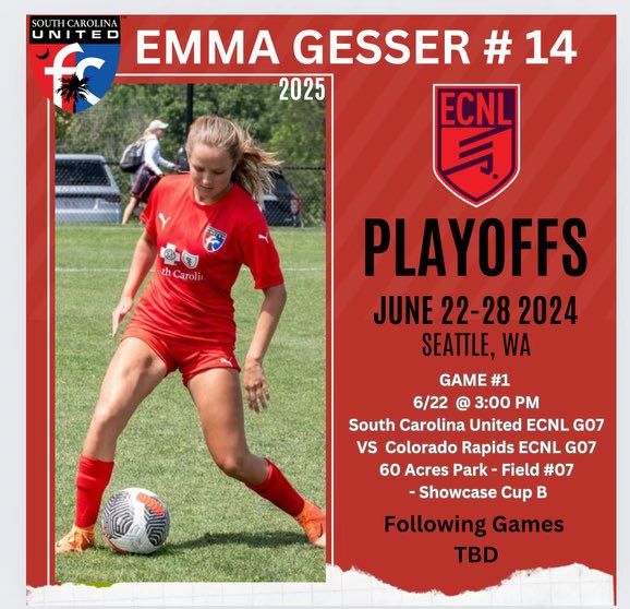 Emma Gesser (@egessersoccer) on Twitter photo ECNL PLAYOFFS ARE COMING UP!! Below is my schedule for game one, I hope to see you there. <a href="/LipscombWSOC/">LipscombWSOC</a> <a href="/BlueHoseWSOC/">PC Women's Soccer</a> <a href="/UNCAvlWSoccer/">Asheville Women’s Soccer</a> <a href="/CofCWSOC/">Charleston Women's Soccer</a> <a href="/TannerOsborne27/">Tanner Osborne</a> <a href="/WoffordWSoc/">Wofford Women’s Soccer</a> <a href="/Wingate_WSoccer/">Wingate W Soccer</a> <a href="/cmichner/">Christian Michner</a> <a href="/amcnab8/">Andy McNab</a> <a href="/PackWSoccer/">NC State Women's Soccer</a> <a href="/CatawbaWmnSoc/">Catawba Women's Soccer</a> <a href="/NSUDemonsSOC/">NSU Soccer</a> <a href="/tikitakaklu/">Tomasz Kluszczynski 🇵🇱/🇺🇸</a> <a href="/Coach_Plex/">Will Plexico</a> ECNL PLAYOFFS ARE COMING UP!! Below is my schedule for game one, I hope to see you there. <a href="/LipscombWSOC/">LipscombWSOC</a> <a href="/BlueHoseWSOC/">PC Women's Soccer</a> <a href="/UNCAvlWSoccer/">Asheville Women’s Soccer</a> <a href="/CofCWSOC/">Charleston Women's Soccer</a> <a href="/TannerOsborne27/">Tanner Osborne</a> <a href="/WoffordWSoc/">Wofford Women’s Soccer</a> <a href="/Wingate_WSoccer/">Wingate W Soccer</a> <a href="/cmichner/">Christian Michner</a> <a href="/amcnab8/">Andy McNab</a> <a href="/PackWSoccer/">NC State Women's Soccer</a> <a href="/CatawbaWmnSoc/">Catawba Women's Soccer</a> <a href="/NSUDemonsSOC/">NSU Soccer</a> <a href="/tikitakaklu/">Tomasz Kluszczynski 🇵🇱/🇺🇸</a> <a href="/Coach_Plex/">Will Plexico</a>