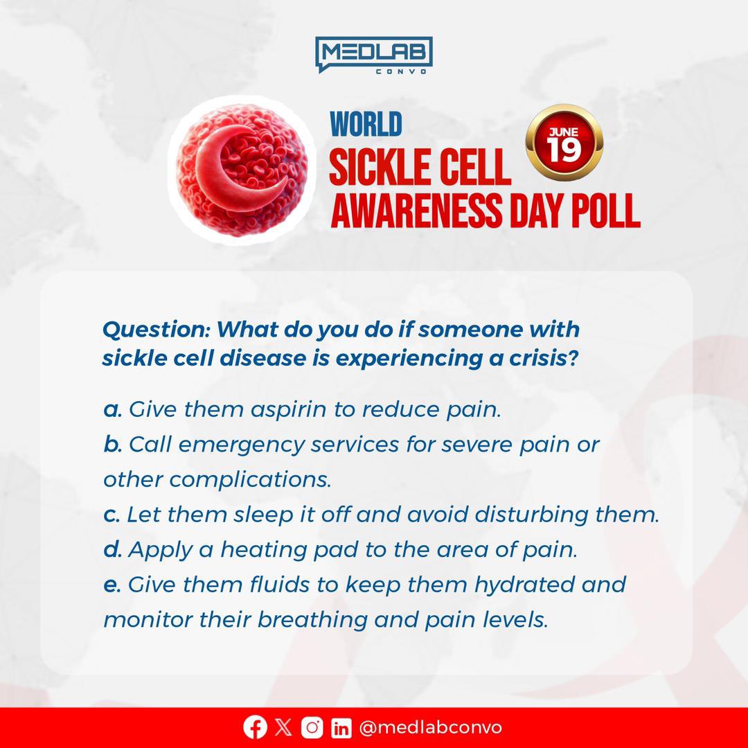 Medlabconvo's tweet photo. Still in the spirit of progress that would boost the hope for a more holistic Sickle Cell care globally, 

What would you do if someone with sickle cell disease was experiencing a crisis?

Tell us your answer(s) 🌚 in the comments 🚀

#hopethroughprogress #sicklecellawarenessday https://t.co/GtNLH0NcmM