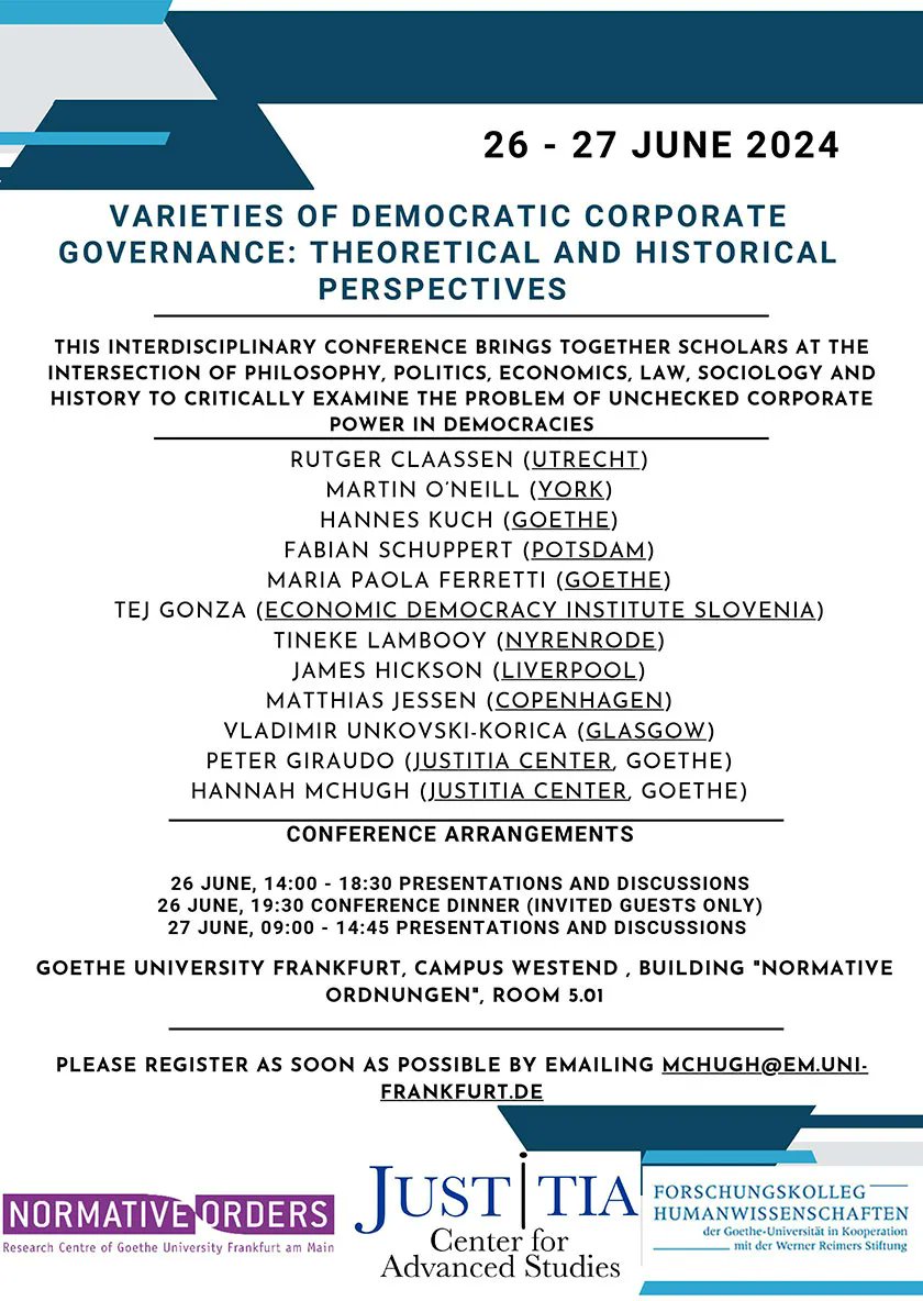 Normative Orders (@normativeorders) on Twitter photo 📆Interdisciplinary Conference on "Varieties of Democratic Corporate Governance: Theoretical and Historical Perspectives"
June 26 – 27 at <a href="/NormativeOrders/">Normative Orders</a>. Registration is open. More information on our website: normativeorders.net/events/varieti… 📆Interdisciplinary Conference on "Varieties of Democratic Corporate Governance: Theoretical and Historical Perspectives"
June 26 – 27 at <a href="/NormativeOrders/">Normative Orders</a>. Registration is open. More information on our website: normativeorders.net/events/varieti…