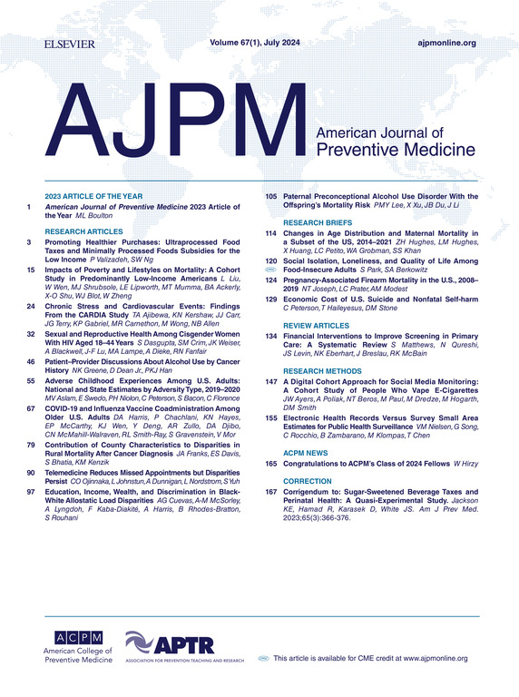 Our July 2024 issue is out today! View the full table of contents here:

ajpmonline.org/issue/S0749-37…

Thank you to all the authors and reviewers who made this issue possible!