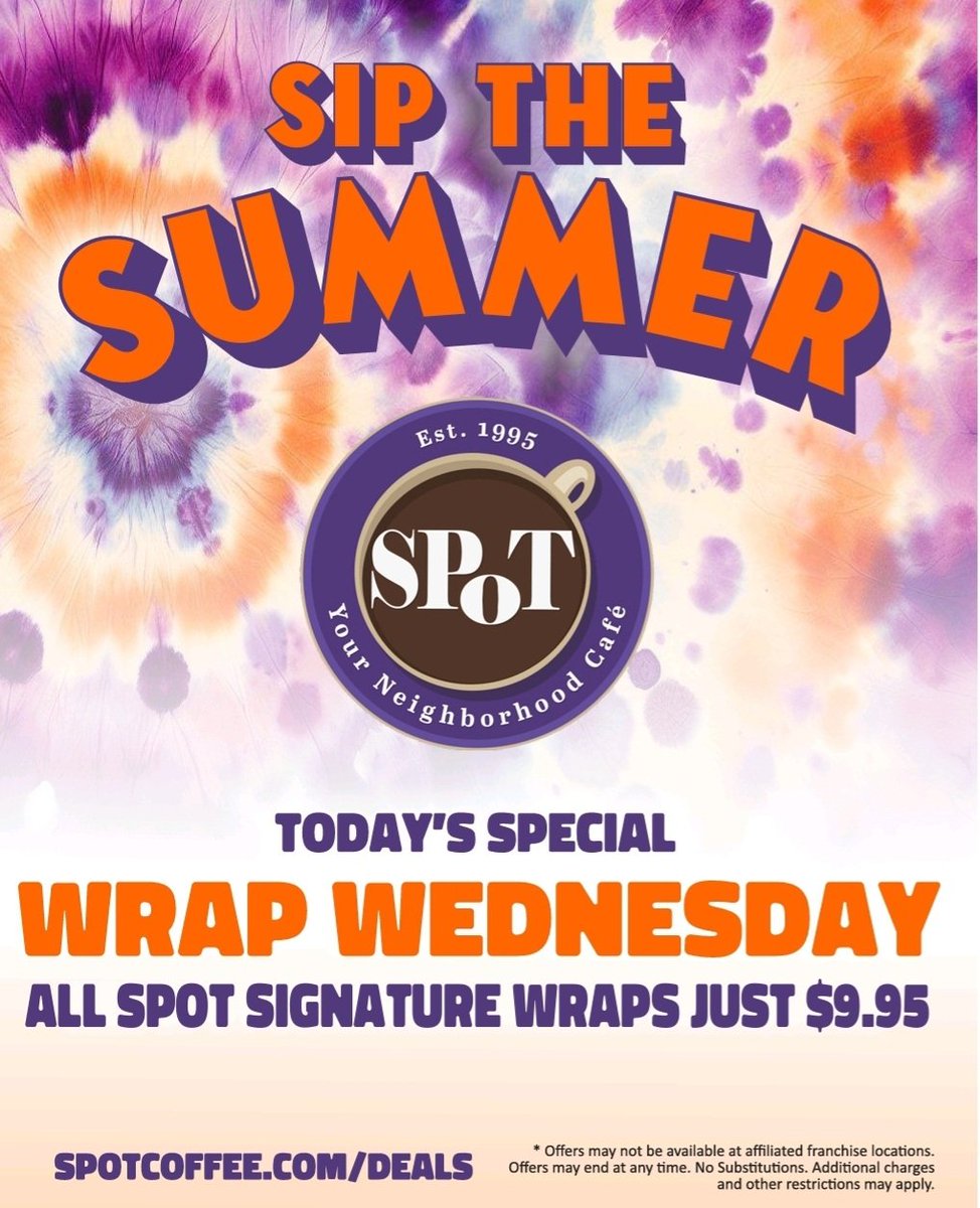 SpotcoffeeHQ's tweet image. Wrap Wednesday - Today at participating SPoT Coffee locations. Our Sip The Summer Deals continue all season! #HappySummer #SPoTCoffee #WrapIt
#SipTheSummer