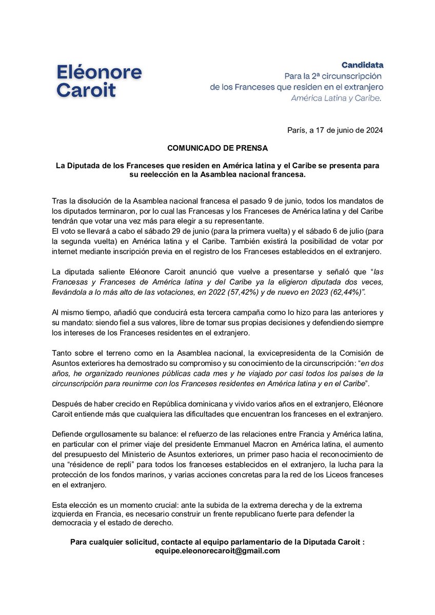 👇🏽 Mi comunicado tras la disolución de la Asamblea Nacional.

Resuelta a seguir defendiendo los intereses de las Francesas y de los Franceses de América Latina y del Caribe, me presento a mi reelección.