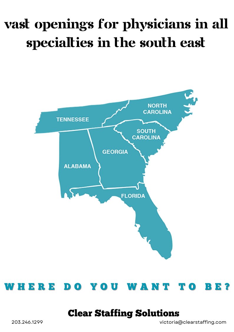 Are you a #physician looking for an opportunity in the #southeast? We have openings in all specialties. Contact us today for more information. #wherdoyouwanttobe #physicianjobs #recruiting #recruitinghealthcare #obgyn #anesthesiology #gi #familymedicine #neurology #radiology