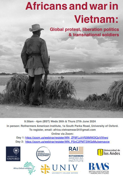 🚨**NEXT WEEK** on Weds &amp; Thurs we have our "Africans and War in Vietnam" conference. If you're interested in Global History, it's a really stellar line up... 
Free for anyone in Oxford and anyone not, it's also online via the zoom link...
1/4