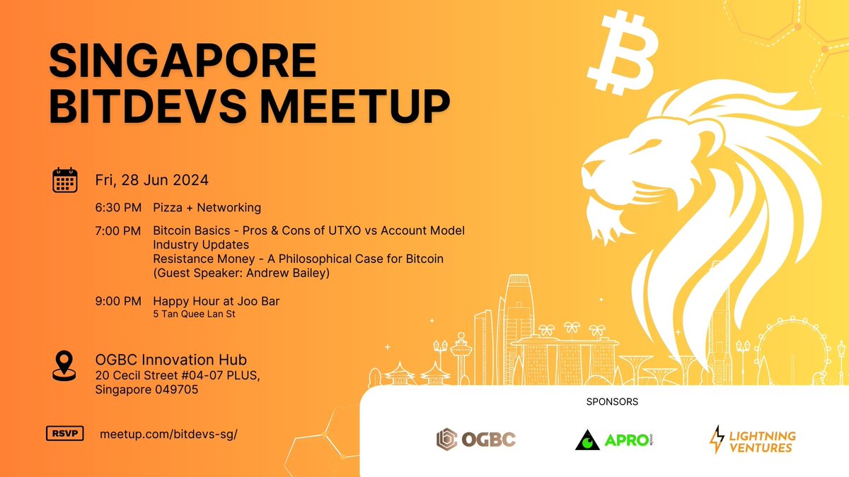 sgbitdevs's tweet photo. Hey Singapore Bitcoiners! 🇸🇬Dive deep into Bitcoin's technical developments with like-minded enthusiasts.

RSVP https://t.co/Xc7HY2G15v if you're coming, so we don't over-order pizza!🍕

Sponsors: @OGBCHub @ltngventures @APRO_Oracle 

Join our Telegram: https://t.co/k9MotxsLcK https://t.co/JRjzZHVQN2