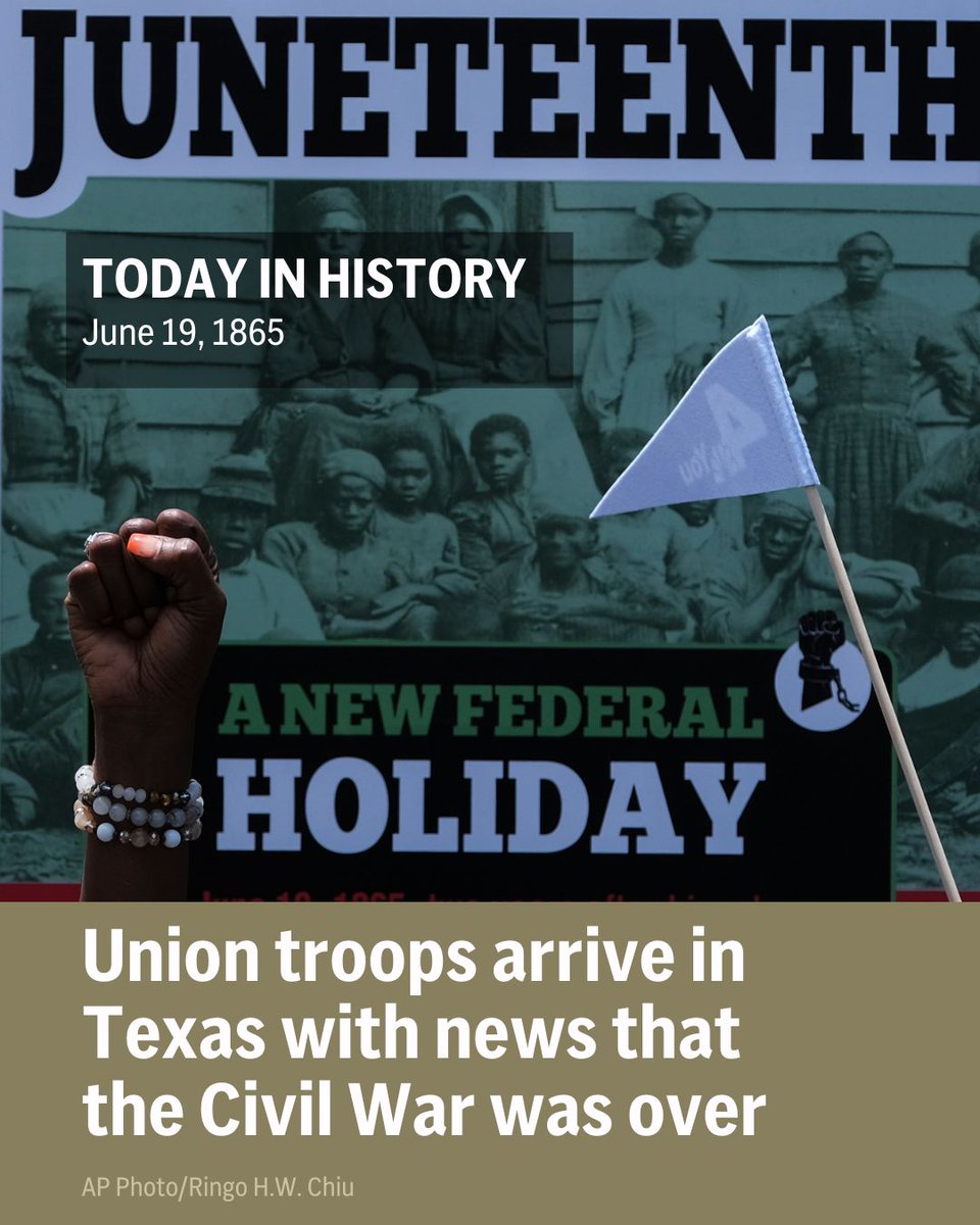 On June 19, 1865, Union troops arrived in Galveston, Texas, with news that the Civil War was over, and that all remaining slaves in Texas were free — an event celebrated to this day as “Juneteenth.”

More on celebrating Juneteenth: shorturl.at/enULN