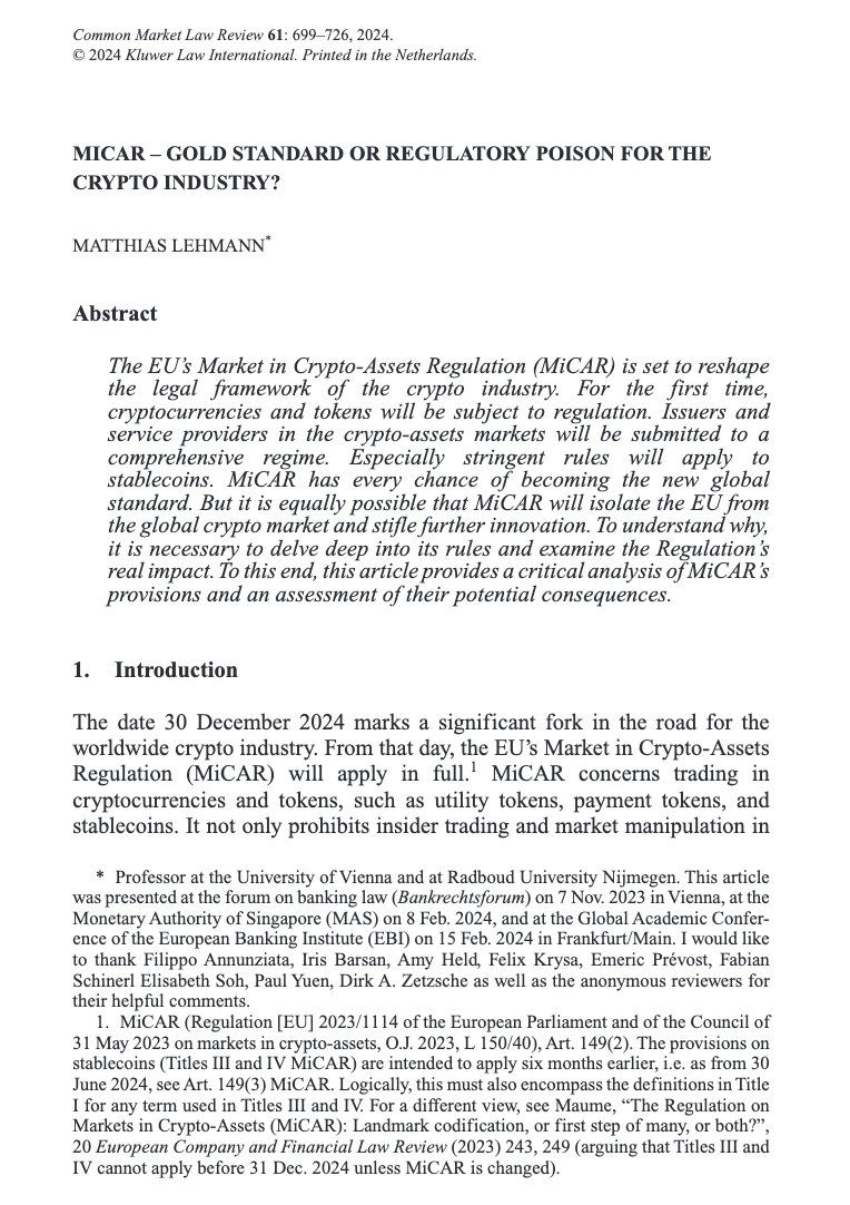 In the June issue: “MICAR – Gold standard or regulatory poison for the  crypto industry?” by @mattlehmann13 (@univienna | @Radboud_Uni)  https://t.co/pLgZUPzH5T