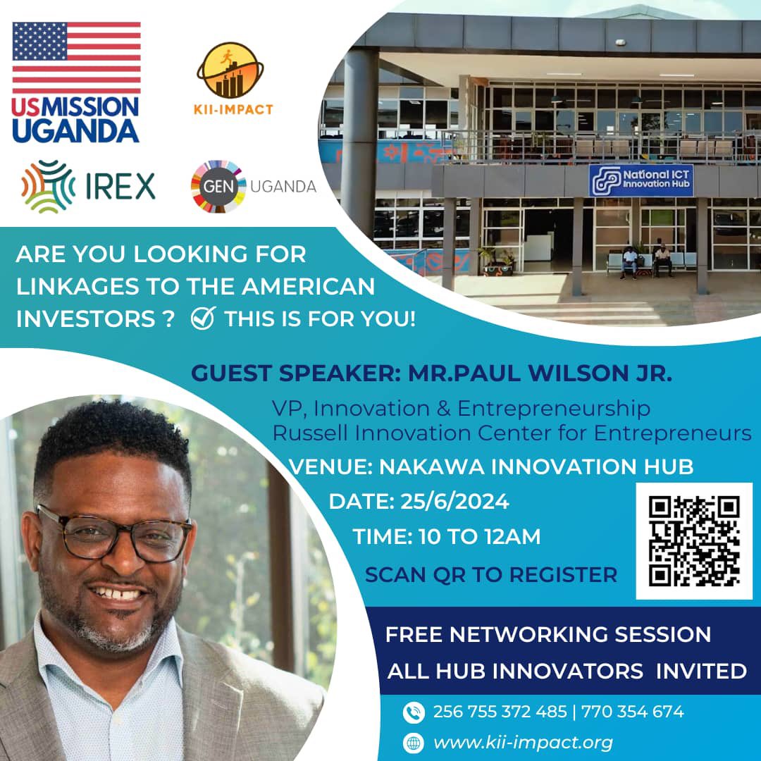 Join us for an investor matchmaking session on 25th June, 10 AM - 12 PM, with American ecosystem actor Paul Wilson Junior. This free event is open to all innovators seeking connections with American investors and partners. Don't miss this opportunity! #InnovateUG