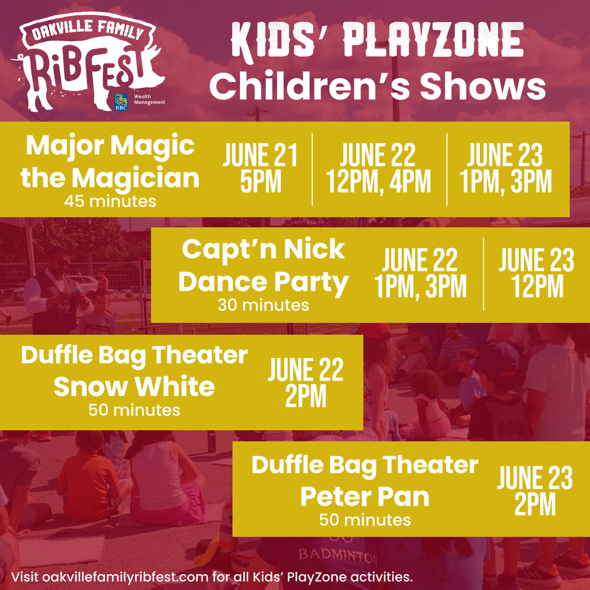 The Kids' PlayZone has some amazing shows lined up to entertain your children! 🤩

Check out the full schedule of kids' entertainment and learn more about the different acts at oakvillefamilyribfest.com/kids-zone23/ 🎭