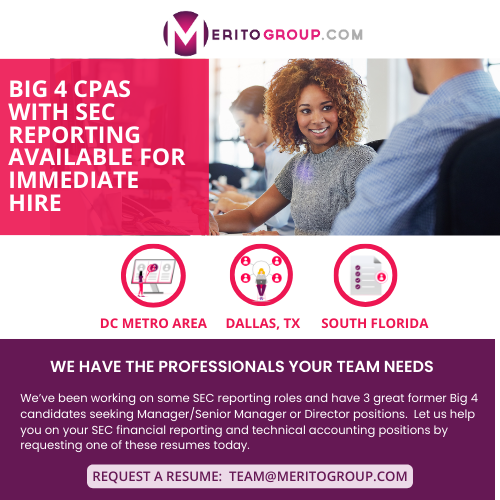 MeritoGroup's tweet photo. SEC reporting and technical accounting are key areas to hire the right person for the job. We have 3 Big4 CPAs that are currently seeking new roles in these departments. Message us for more info today if you -or someone you know- is hiring. #pleaseshare #CPA #executivesearch https://t.co/yKOZDLRJfE