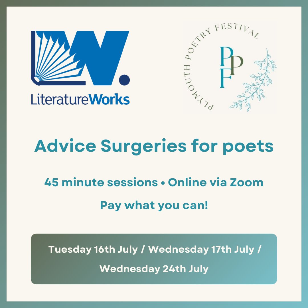 Following the Plymouth Poetry Festival, we are offering a series of pay-what-you-can Advice Surgeries that will focus on Advice for Poets.

Slots available in July on: Tues 16th, Weds 17th and Weds 24th. 

Find out more and book yours now: literatureworks.org.uk/plymouth-poetr…

<a href="/MimiJones03/">🌻 Mimi 🌻</a>