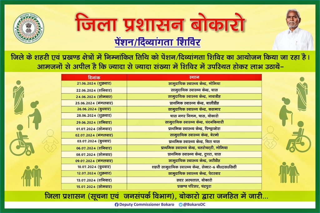 21 जून 2024 से जिले के शहरी एवं प्रखंड क्षेत्र में पेंशन/दिव्यांगता शिविर का आयोजन किया जा रहा है। जरूरतमंद शिविर में शामिल होकर लाभ उठाएं और दूसरों को भी इसके लिए जागरूक करें।
<a href="/JharkhandCMO/">Office of Chief Minister, Jharkhand</a>
<a href="/prdjharkhand/">IPRD Jharkhand</a> 
<a href="/RanchiPIB/">PIB in Jharkhand 🇮🇳</a> 
@rnuddkranchi 
<a href="/DDNewsHindi/">डीडी न्यूज़</a>
