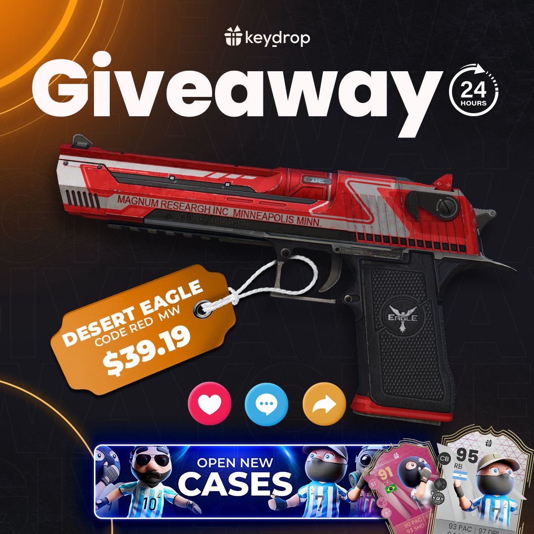 keydropcom's tweet photo. Win Desert Eagle | Code Red MW in JUST 3 clicks! 🏆

👊 Just leave ❤️ under the post!
🤝 Follow us!
🔁 Retweet!

⏰ Wait 24 hours! 

#giveaways #chance #cs2 #steam #case #giveaway #csgoskins #gaming #gamer #esport #keydrop #keydropcom https://t.co/k1yzOMeqJN