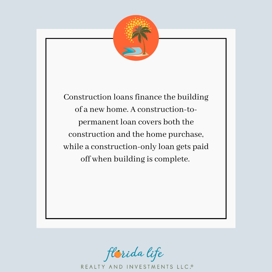 FLlifeRealty's tweet photo. A construction loan covers the cost of building a new home, but it’s like your typical mortgage. Usually, construction loans are short-term rather than long-term like a mortgage.

Have any questions about buying new construction or building a home? Give us a call! https://t.co/ShtXgOfzjN