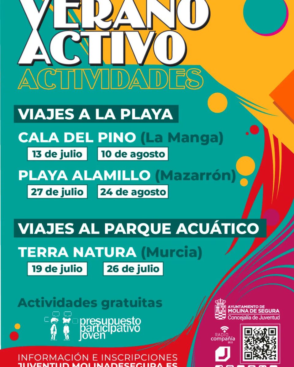 juventudmolina's tweet photo. Consulta toda la información del programa VERANO ACTIVO en https://t.co/DDZ6srQYgV, además de actividades al aire libre, ofertamos cursos formativos y conciertos, ¡no te pierdas nada!☀️🕶 #jovenesmolinadesegura https://t.co/jieBLWhCBh