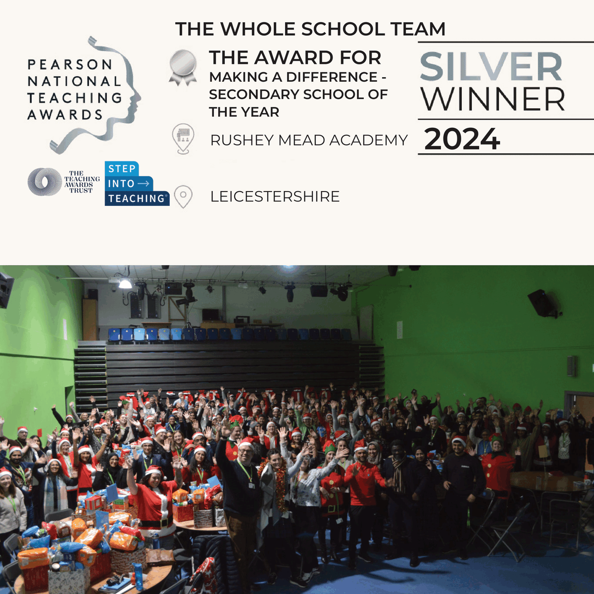 RusheyMeadAcad's tweet photo. A huge thank you to @stepintoteaching and @pearson for choosing Rushey Mead Academy as the silver award winners of ‘Secondary School of the Year’ in the Pearson National Teaching Awards! 🏆🎉#TeachingAwards #TeachingHeroes #EducationalExcellence https://t.co/Ar7NIHS5AG