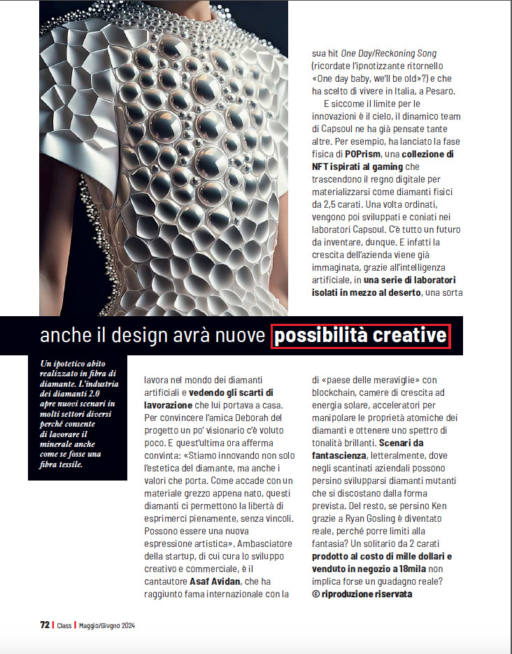 capsouldiamond's tweet photo. Thrilled to be featured in Italian magazine Class, on our work to bring diamond as a new material to the luxury industry, highlighting our relentless pursuit of creative &amp; technological innovation. 

We look forward to sharing more groundbreaking developments with the world! ✨🚀 https://t.co/fWORqH1T3p