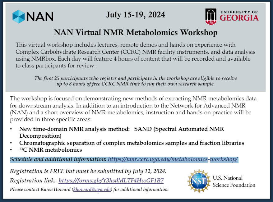 Free NMR metabolomics workshop with hands-on training and free instrument time!
Registration is FREE but must be submitted by July 12, 2024. Registration link: forms.gle/Y3hsdMLTF4HwGF…
Schedule and additional information: nmr.ccrc.uga.edu/metabolomics-w…
#NMR #Metabolomics #nmrchat