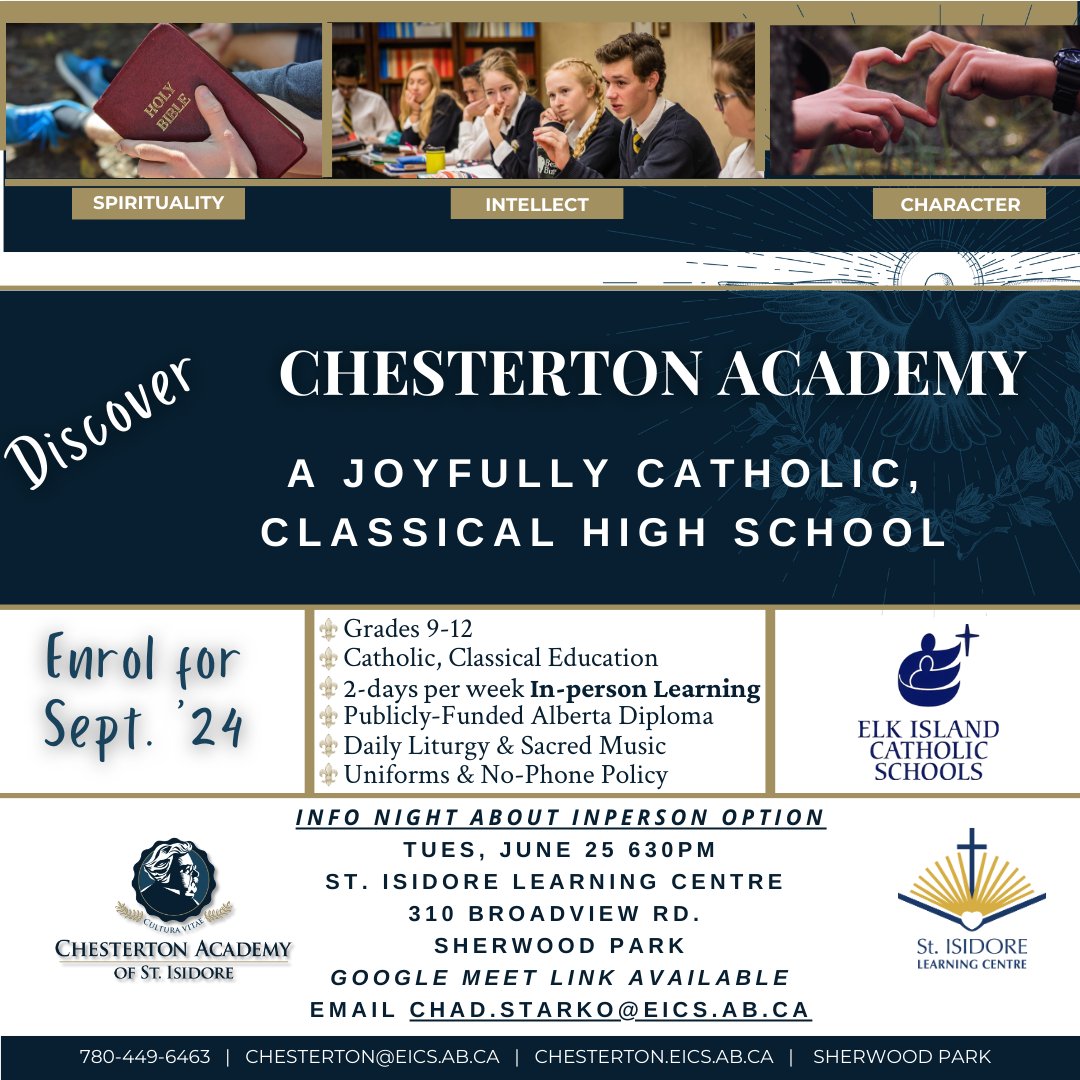 We are excited to offer a 2day a week in person option for Chesterton Academy in Sh Park, AB. We have a parent info night coming up Tues, June 25 at 630pm at St Isidore Learning Centre 310 Broadview Road #shpk or via google meet. chad.starko@eics.ab.ca for link.
<a href="/EICSCatholic/">Elk Island Catholic Schools</a>