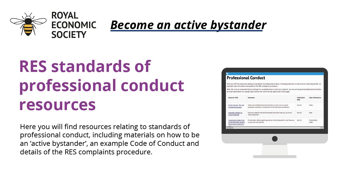 RoyalEconSoc's tweet photo. 📚Have a look at our #RESResources related to standards of professional conduct, including materials on how to be an #activebystander, an example Code of Conduct and details of the RES complaints procedure.

Read👉https://t.co/1OjJNWXcZB

#RES #RESmembers #EconResources https://t.co/qMkFs6L3ib