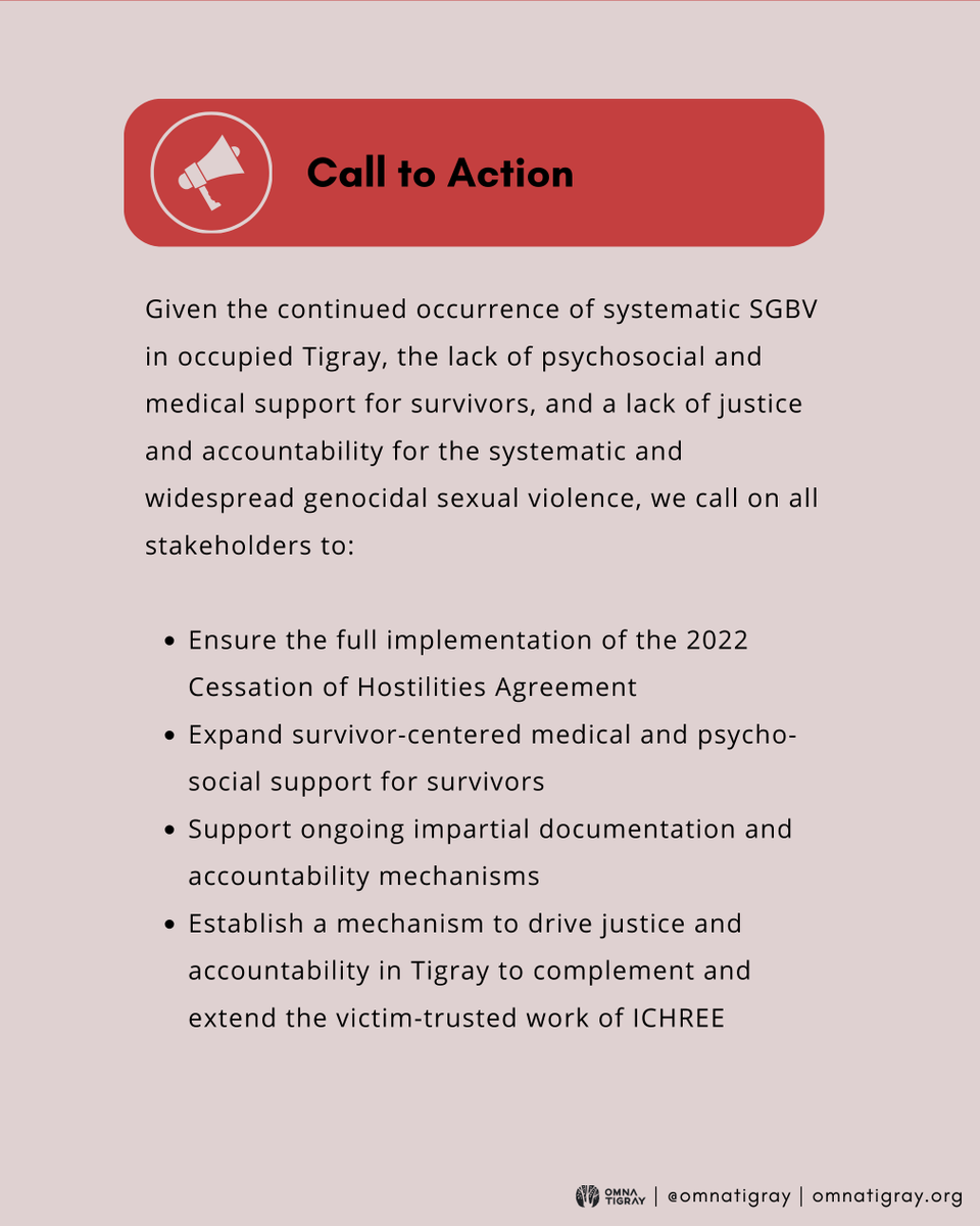 We, therefore, call on all stakeholders to ensure the full implementation of #CoHA, expand survivor-centered medical &amp; psycho-social support for survivors, support ongoing impartial documentation and accountability mechanisms &amp; ensure #Justice4Tigray. <a href="/UNFPA/">UNFPA</a> <a href="/StateDept/">Department of State</a> <a href="/EUCouncil/">EU Council</a>