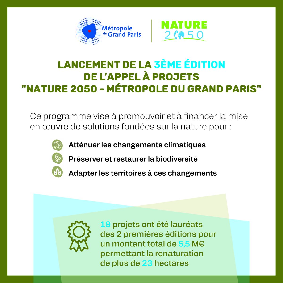 🚀 Lancement de la 3e édition de l’appel à projets « Nature 2050 » de <a href="/GrandParisMGP/">Métropole du Grand Paris</a> avec CDC Biodiversité. 
🗓️ Les communes intéressées peuvent candidater jusqu’au 25 octobre 2024.