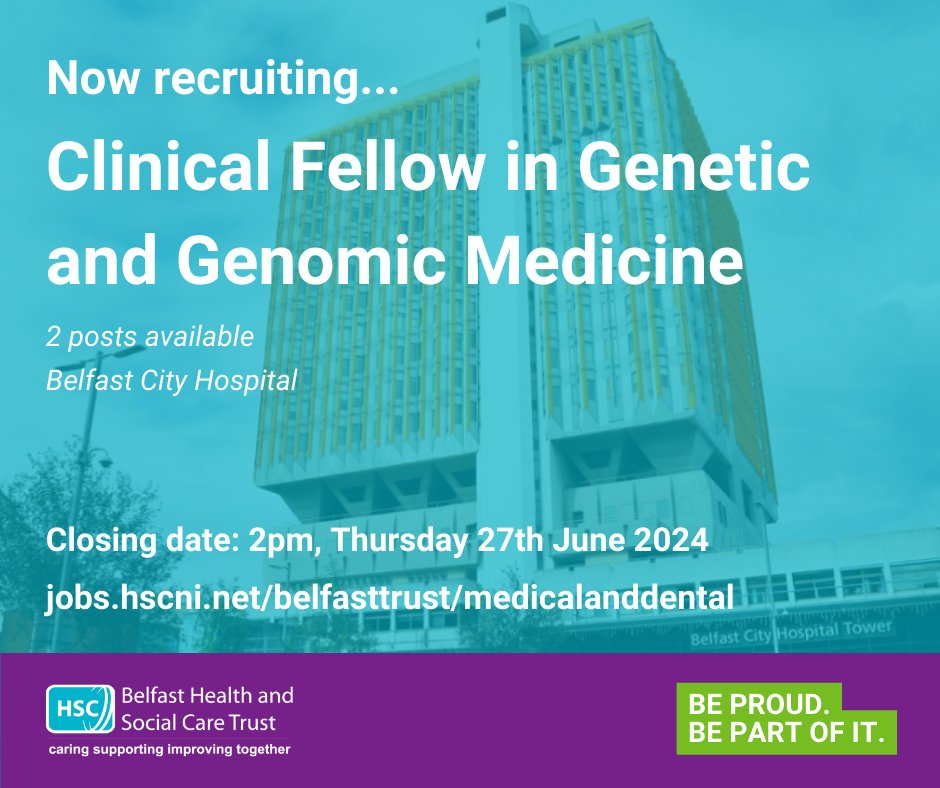 📢We are recruiting for Clinical Fellow (ST1+) in Genetic and Genomic Medicine (Clinical/Medical Genetics) - 2 x Post's Available 
⌛️Closing date: Thursday,  27 June 2024 @ 2:00 PM
📌For more details and to apply visit: bit.ly/3VMsCQy