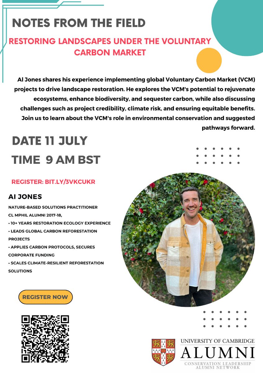 Cambridge Masters in Conservation Leadership (@mphilcl) on Twitter photo ๐ฟ Join us on July 11th at 9 AM BST for 'Notes from the Field' with Al Jones (CL alumnus 2017-18) presenting "Restoring landscapes under the Voluntary Carbon Market." ๐
Register: bit.ly/3VKCuKr ๐ฟ Join us on July 11th at 9 AM BST for 'Notes from the Field' with Al Jones (CL alumnus 2017-18) presenting "Restoring landscapes under the Voluntary Carbon Market." ๐
Register: bit.ly/3VKCuKr