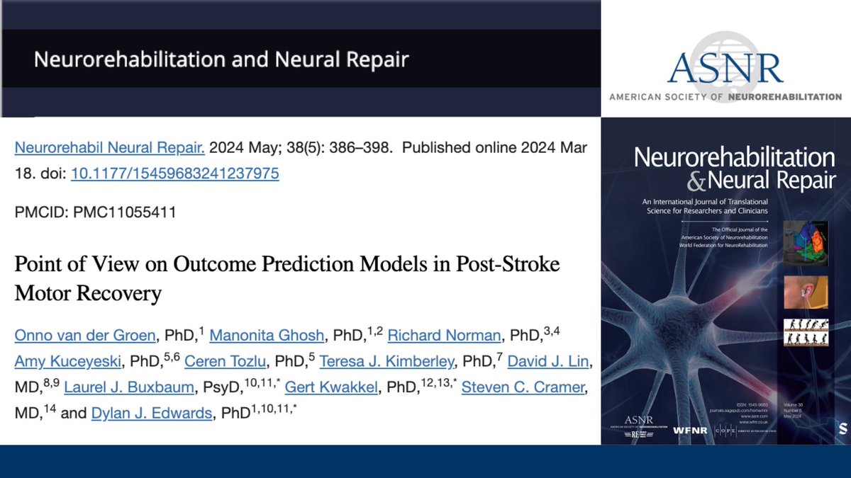 It's hard to predict upper limb motor recovery after #stroke, but accurate prediction of response to treatment could allow for more timely and targeted interventions. Experts discuss predictors and ways to advance outcome prediction models in this article. journals.sagepub.com/doi/full/10.11…
