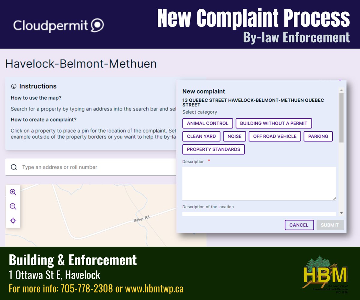 HBM Township has shifted its confidential complaint process for By-law Enforcement to Cloudpermit, a safe and secure online system.  Residents can submit by-law enforcement concerns and details via an online Complaint Form: hbmtwp.ca/township-servi….
