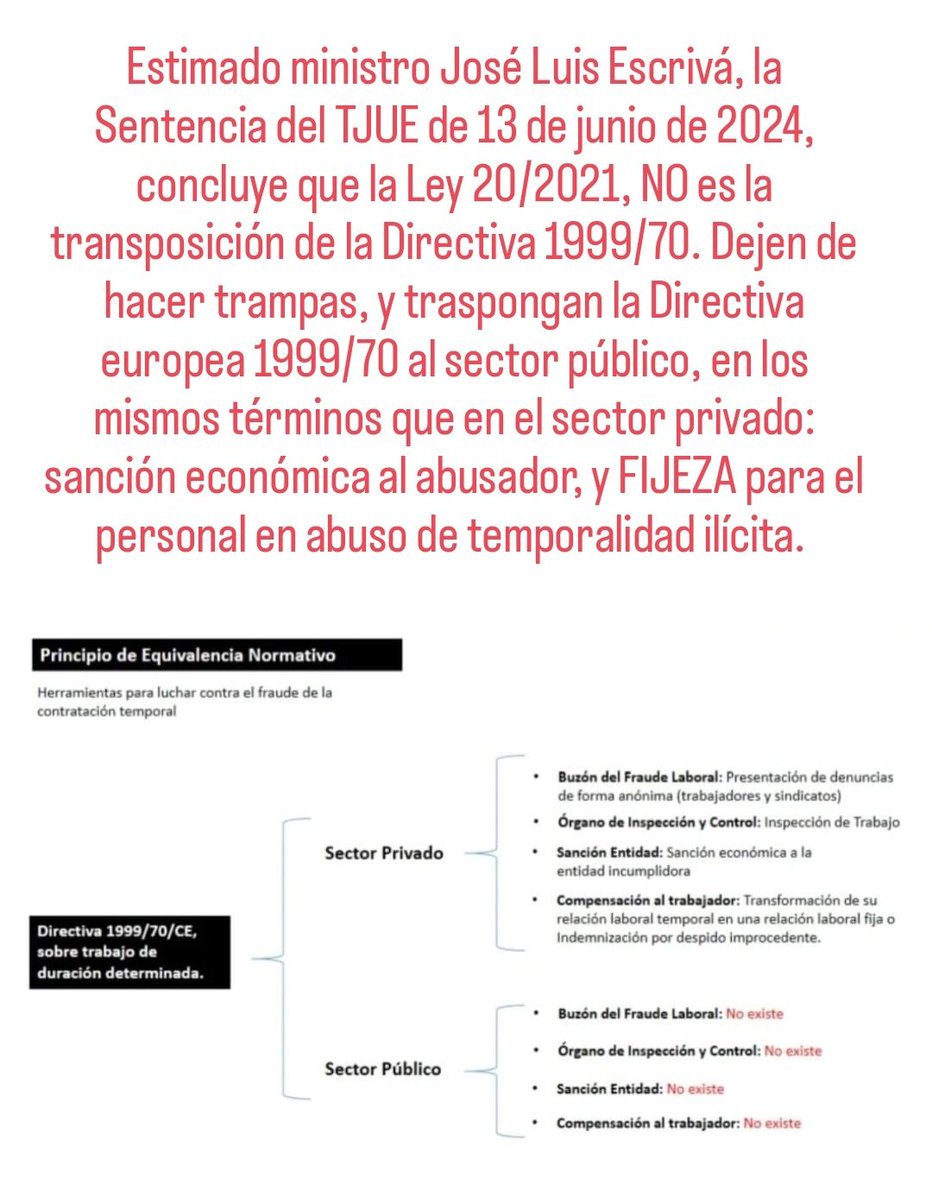 interinoktaldea's tweet photo. Estimado ministro  @joseluisescriva, la STJUE de 13 de junio de 2024, concluye que la Ley 20/2021, NO es la transposición de la Directiva 1999/70. Dejen de hacer trampas, y traspongan la Directiva al sector público, en los mismos términos que en el sector privado. #FijezaYa https://t.co/dny3SHqRag