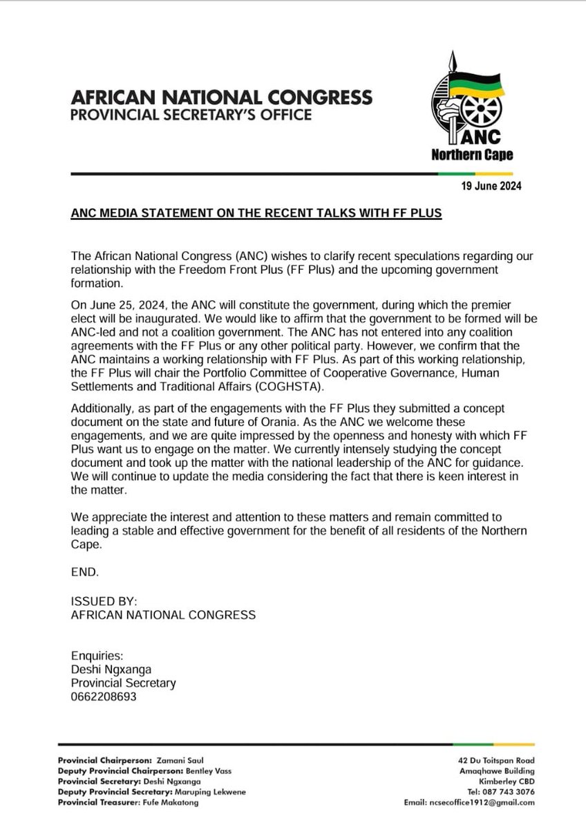 AncNcape's tweet photo. African National Congress media statement on the recent talks with Freedom Front Plus https://t.co/ULd8s0zIyL