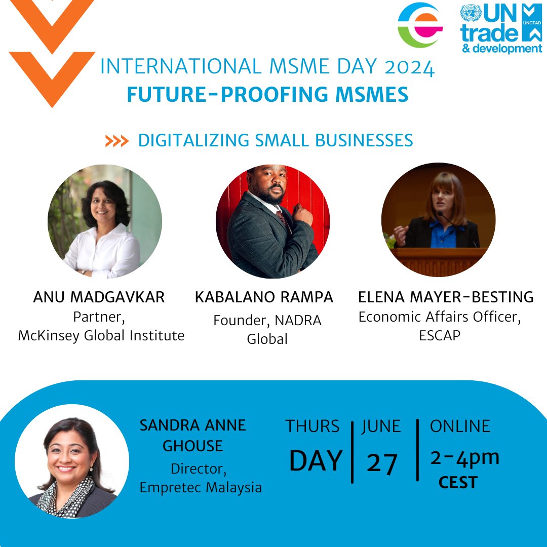 On June27 we celebrate International MSMEs day with an exciting webinar hosted by the UN Trade and Development <a href="/Unctad_e/">UNCTAD entrepreneurship</a> ,<a href="/empretecUN/">Empretec Network</a> and <a href="/unctadwif/">UNCTADinvestment</a> . Themed FUTURE-PROOFING MSMEs.
Looking forward to engage with Anu Madgavkar and Elena Mayer- Besting on digitizing small business