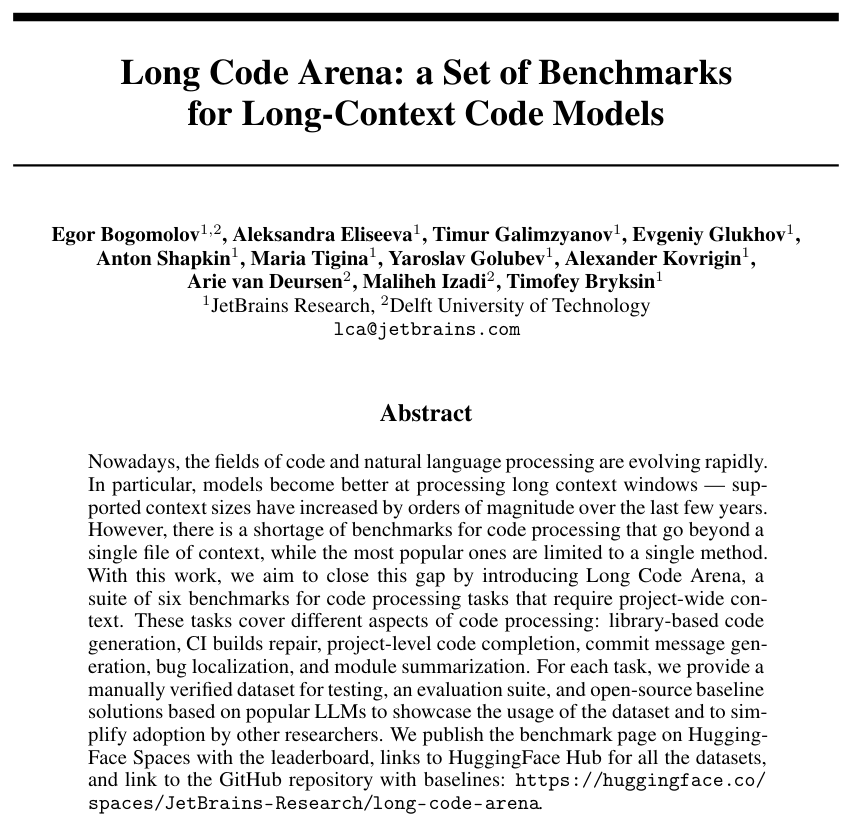 Models' contexts are getting so big that they can (and often should!) include an entire repository, while we are still evaluating them on methods and files. That's why we created Long Code Arena.

Pre-print: arxiv.org/abs/2406.11612
Datasets: huggingface.co/spaces/JetBrai…

Details in🧵!