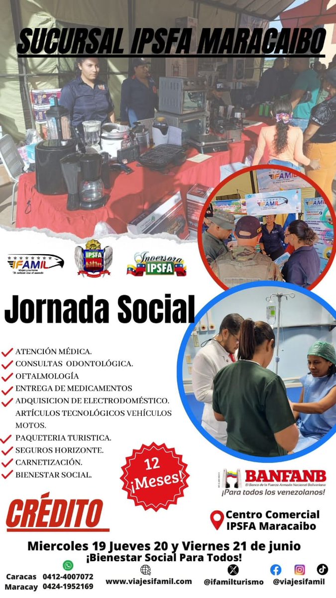 🌅⭐GRAN JORNADA SOCIAL IPSFA MARACAIBO ⭐🌅
Maracaibo recibe a todo nuestro personal. Estaremos desde el 19 al 21 de junio en las instalaciones del IPSFA Maracaibo para que busques lo que necesites, desde atención médica, venta de bienes, servicios y jornada de alimentación.