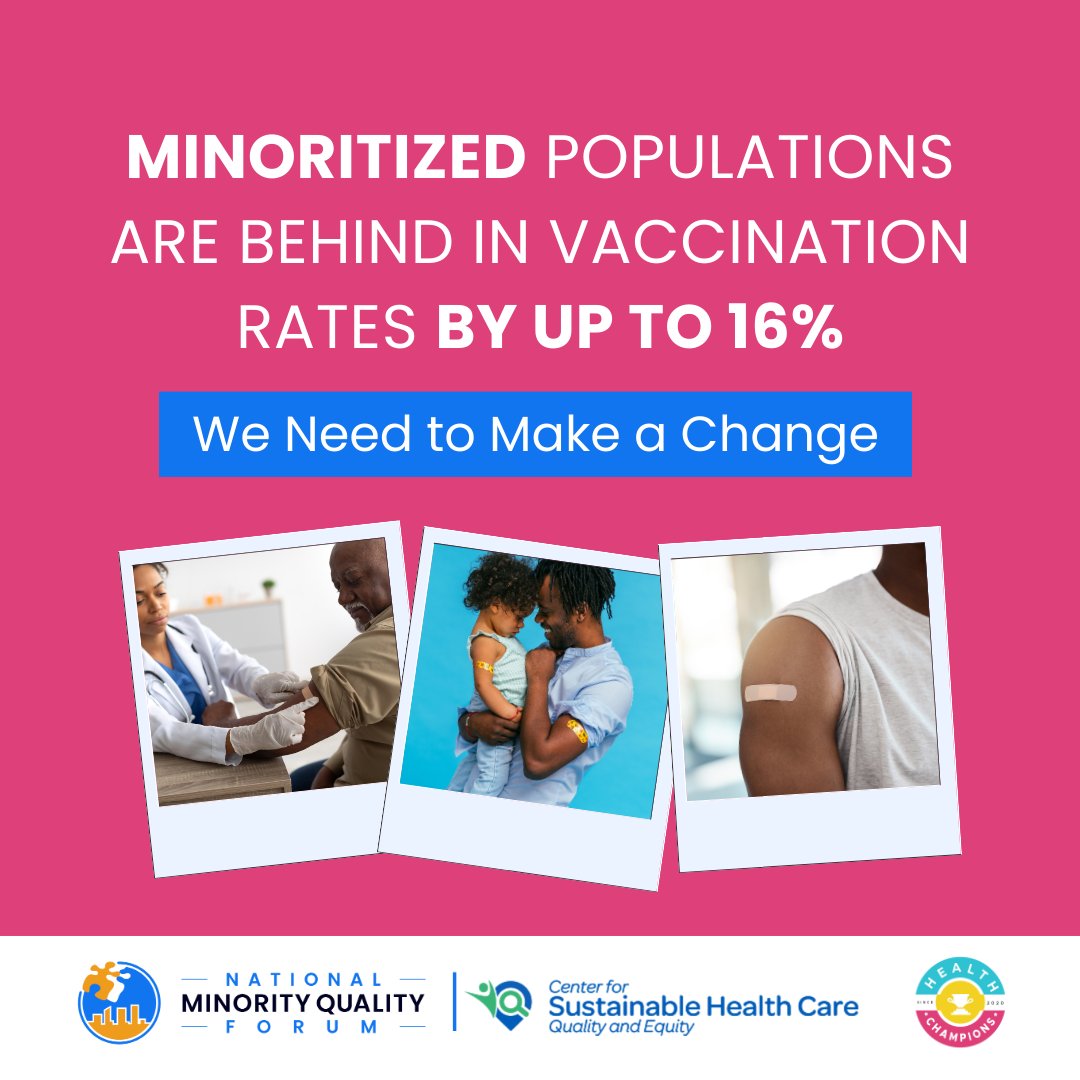 Minoritized populations are behind in vaccination rates by as much as 16% compared to non-Hispanic white people. Let’s work to change this!

Learn more about adult vaccines to share with your community. nmqf-shc.org/toolkits/adult…