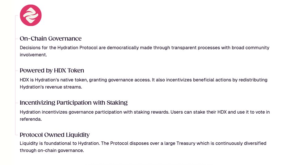 Polkadot's tweet photo. 🔦 ✨ Spotlight on: Hydration 💦

@hydration_net streamlines DeFi with a community-driven approach to enhance user experience, efficiency & security.

The mission?

Simplify & optimize DeFi. It starts w/ addressing current DEX & AMM limitations. Dive into Hydration, the Future of DeFi👇
The Evolution of DEXes and AMMs

Traditional DEXes used order book matching systems, which are slow and often illiquid on decentralized platforms. Automated Market Makers (AMMs) like Uniswap introduced liquidity pools, but many still face issues such as slippage.

Hydration's Omnipool Solution

Omnipool combines all assets in a single pool, eliminating liquidity fragmentation and enhancing efficiency. This innovative AMM allows for single-sided liquidity provisioning, enabling users to add assets without needing a pair.

🔑 Omnipool's Key Features

🔹 Transaction Fees: Payable in any currency, not just HDX.

🔹 Automated Dollar Cost Averaging (DCA): Simplifies regular asset purchases without market timing.

🏛️ Empowering DAOs and Treasury Management

Hydration currently supports over 15 projects and DAOs, including Polkadot’s Treasury, by providing a cost-efficient and permissionless platform.

The protocol allows DAOs to manage their Treasuries in a decentralized, non-custodial manner, using on-chain governance and cross-chain communication (XCM).

🗳️ Hydration's On-Chain Governance

Hydration's native token is HDX, it grants governance access and redistributes revenue streams to incentivize positive actions.

🔹 Democratic Decision-Making: Every decision within the Hydration Protocol is made democratically.

🔹 Transparency: Transparent processes ensure that the community has a significant say in shaping the future of Hydration.

🔐 Security and Future Enhancements

Hydration ensures robust security with multiple audits, a bug bounty program, liquidity caps, protocol fees, and circuit breakers.

Hydration's Incentive Program

The Polkadot DAO recently voted to fuel the Hydration Liquidity Protocol with 2M DOT.

Learn more about the program and how you can get involved 👇

https://t.co/OJqKbtH1T8