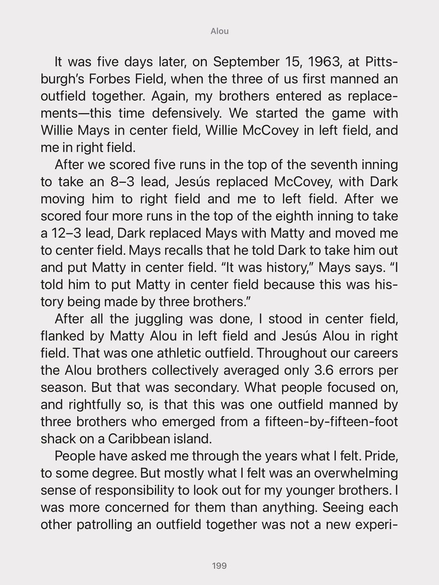 If not for Willie Mays asking Giants manager Alvin Dark to be taken out of the game, the 3 Alou brothers never would’ve made history when all 3 played the outfield at the same time together. It was one of the great stories Willie told me when I interviewed him for the book. ⚾️