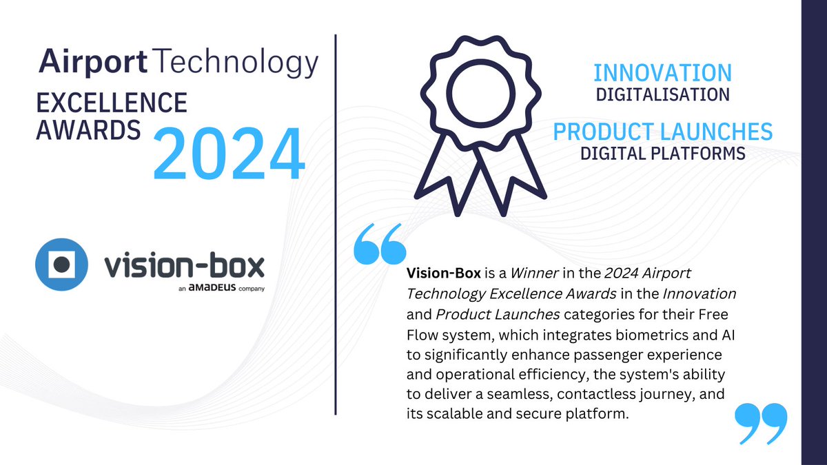 We're pleased to announce that Vision-Box, a prominent player in this field, has been recognised with two awards, in the Innovation and Product Launches categories, in the 2024 Airport Technology Excellence Awards.

Find out more - bit.ly/4eu922I