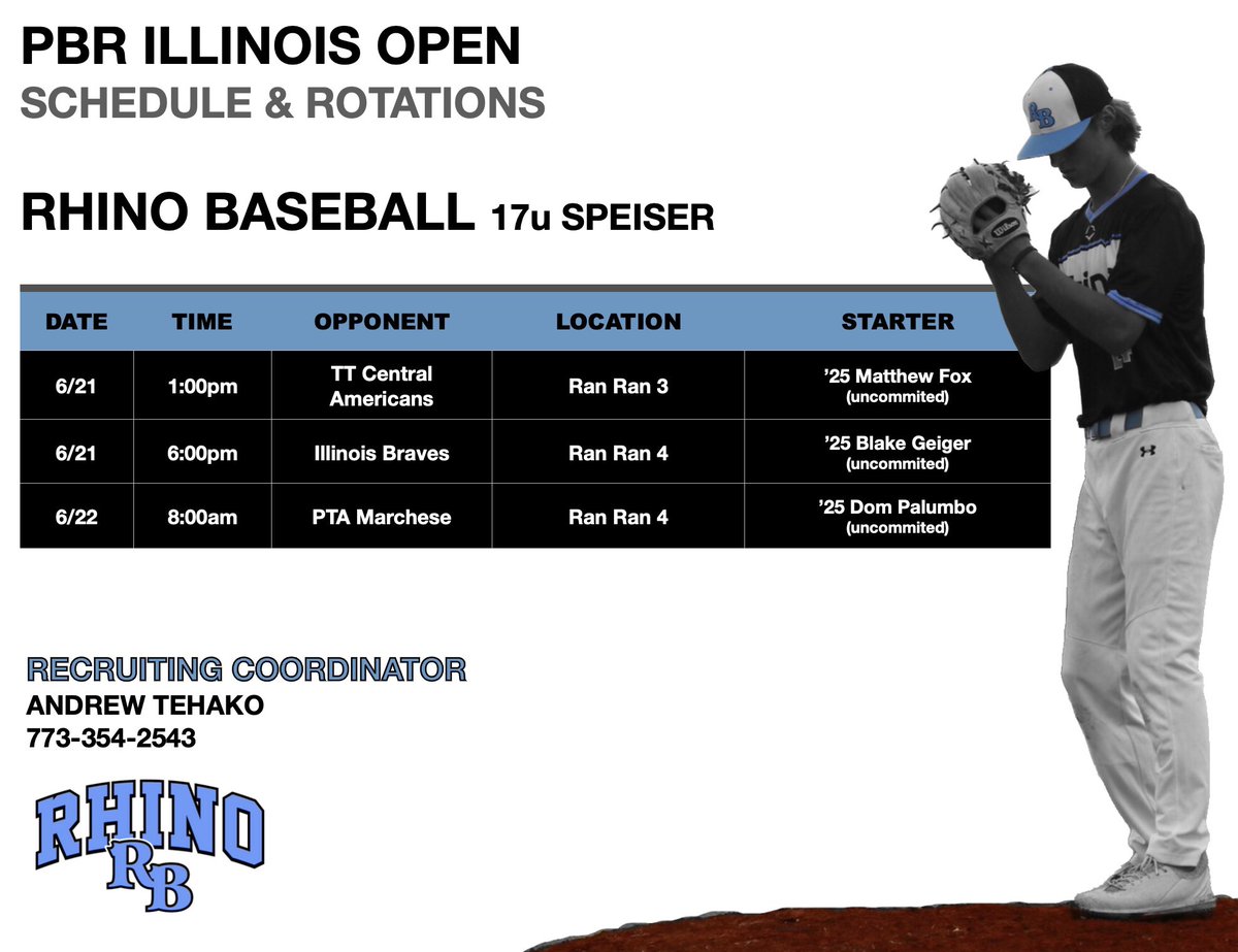 🚨🚨ROTATION &amp; ROSTER🚨🚨

                        17u Speiser
                   PBR Illinois Open
            
                   📍Rantoul, IL📍