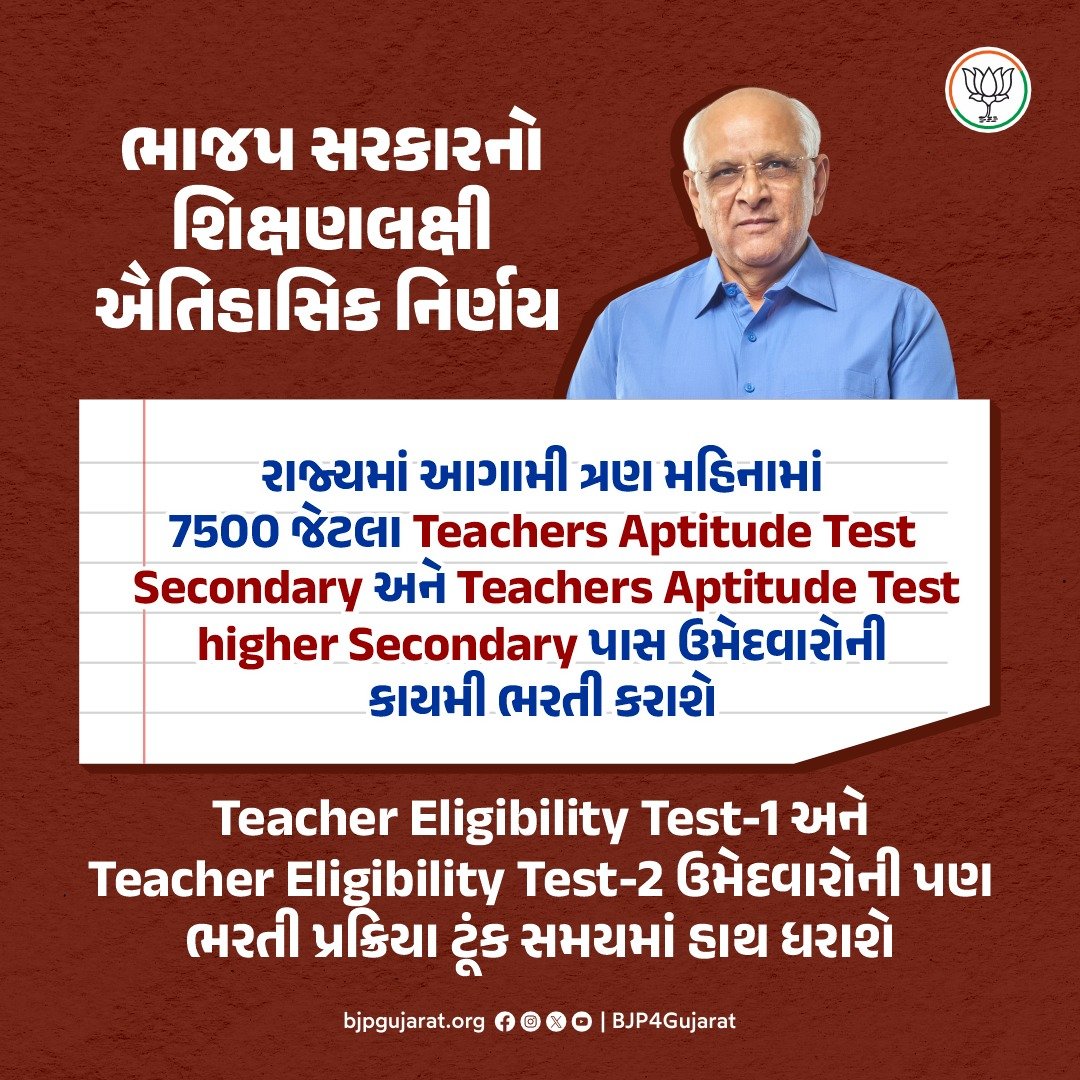 ભાજપ સરકારનો શિક્ષણલક્ષી ઐતિહાસિક નિર્ણય 

રાજ્યમાં આગામી ત્રણ મહિનામાં 7500 જેટલા  TAT-Secondary અને TAT-Higher Secondary પાસ ઉમેદવારોની કાયમી ભરતી કરાશે.