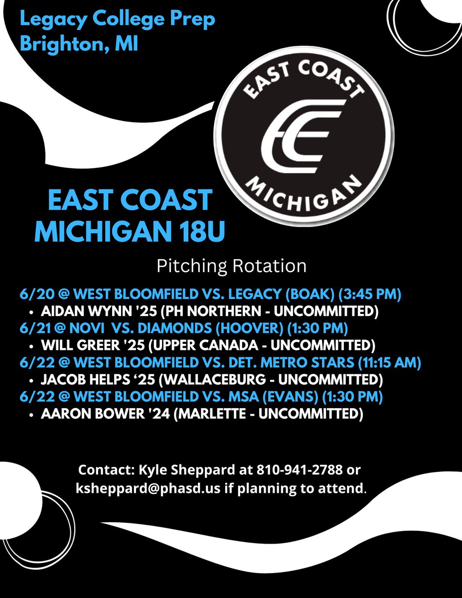 East Coast Michigan ⚾️ (@ecmbaseball) on Twitter photo Our Week #2 Rotation for the <a href="/LegacyMI_BAS/">Legacy Baseball</a> College Prep event. Great fields and competition. We have lots of uncommitted players that are worth a look! Our Week #2 Rotation for the <a href="/LegacyMI_BAS/">Legacy Baseball</a> College Prep event. Great fields and competition. We have lots of uncommitted players that are worth a look!
