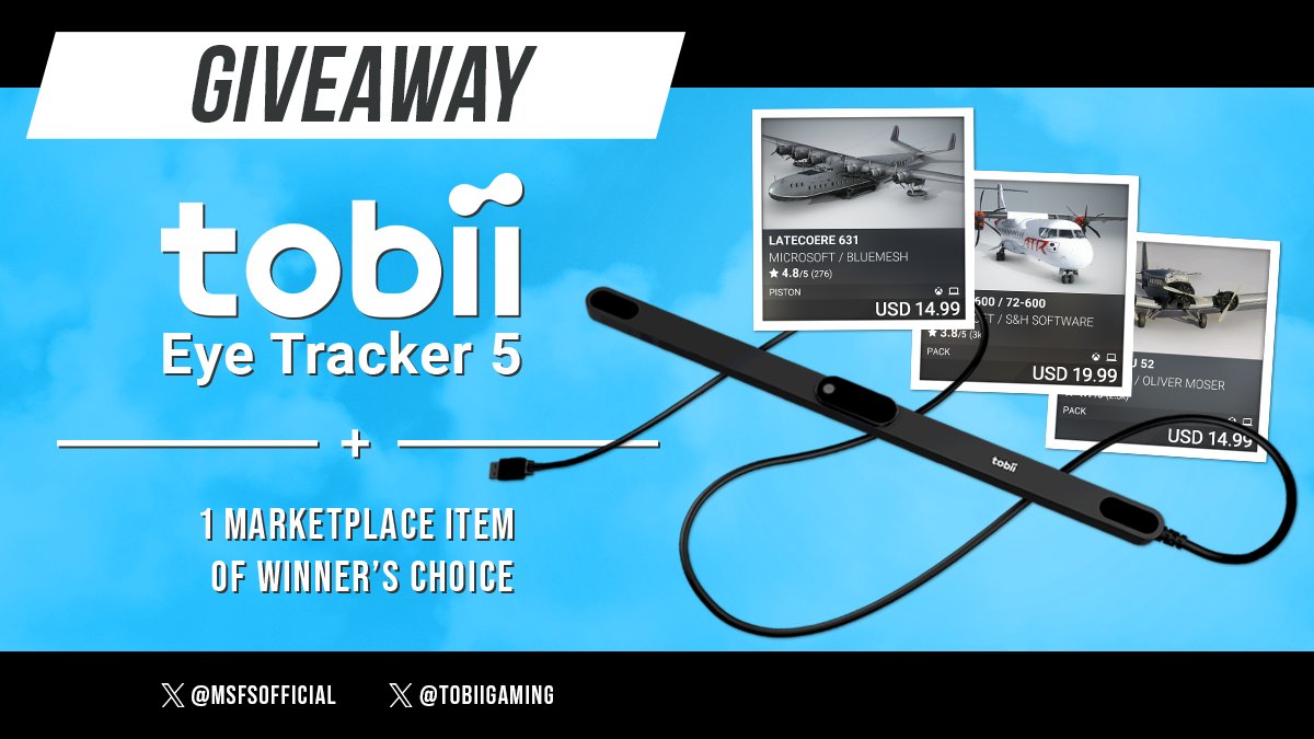 We have a giveaway from us and <a href="/tobiigaming/">Tobii Gaming</a> in celebration of #FSExpo! 🎁

Enter for a chance to win Tobii Eye Tracker 5, and a MSFS Marketplace item of the winner’s choice!

How to enter:
➕ Follow @msfsofficial and <a href="/tobiigaming/">Tobii Gaming</a>
🔁 Retweet this post

Giveaway ends on June 26th.