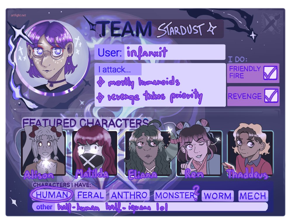 infanxit's tweet photo. #artfight #artfight2024 #stardust #teamstardust
hiii here's my team card attack me if u dare :)
https://t.co/edgZnX7N8j https://t.co/WqOPvoTAqE