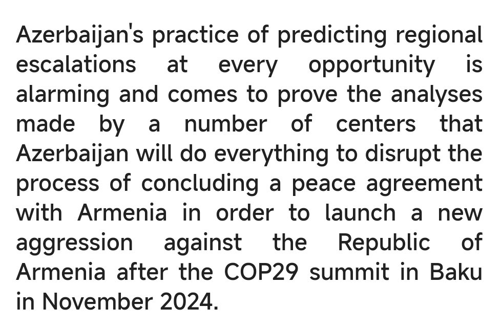 HovhanNaz's tweet photo. Armenian MFA response to Azerbaijan: "It is the sovereign right of every state to maintain combat-capable armed forces equipped with modern military assets." 

It also warns of a potential aggression by Azerbaijan after COP29 in Baku.  https://t.co/tUS8wdmS1U https://t.co/jEnYTaesL8