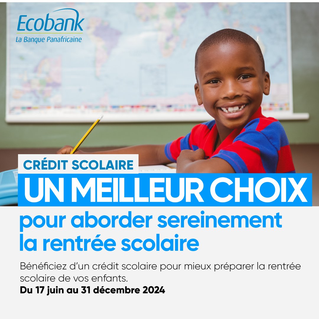 EcobankTd's tweet photo. Offrez la plus belle des rentrées à vos enfants !

Du 17 juin au 31 décembre 2024, obtenez facilement un Crédit Scolaire chez Ecobank Tchad.

Rendez-vous en agence pour plus d’informations.

#Ecobank #UnMeilleurChoix #CréditScolaire https://t.co/LhhRNmQgQt